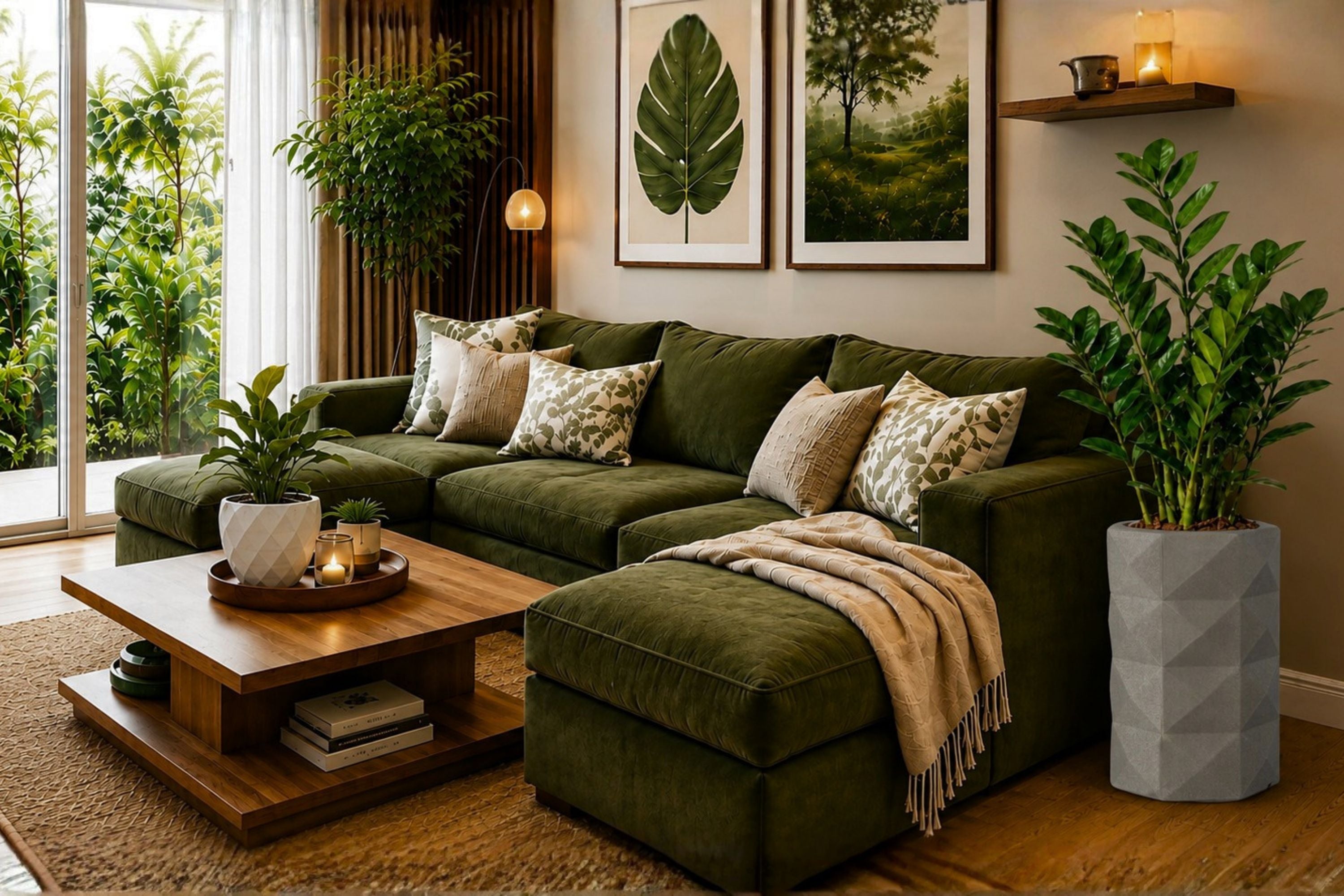 Three Blume planters of different heights grouped in a living room corner